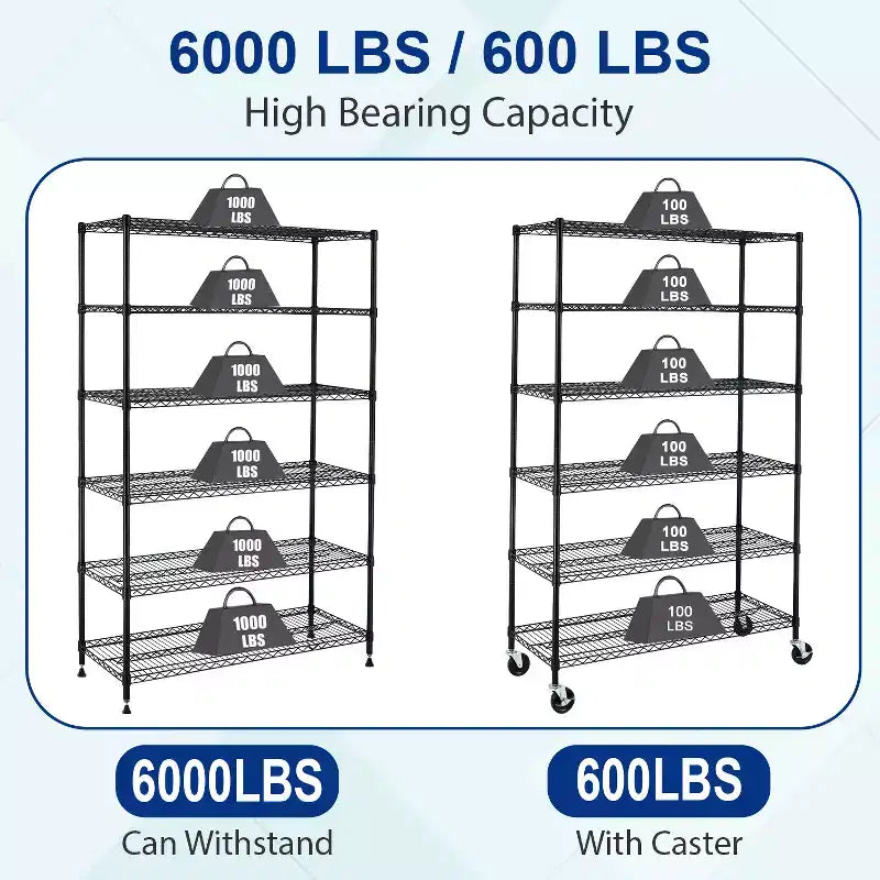 BestMassage Étagère métallique réglable à 6 niveaux, unité de rayonnage en fil métallique avec roues, solution de rangement peu encombrante pour garage et sous-sol