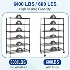 BestMassage Étagère métallique réglable à 6 niveaux, unité de rayonnage en fil métallique avec roues, solution de rangement peu encombrante pour garage et sous-sol
