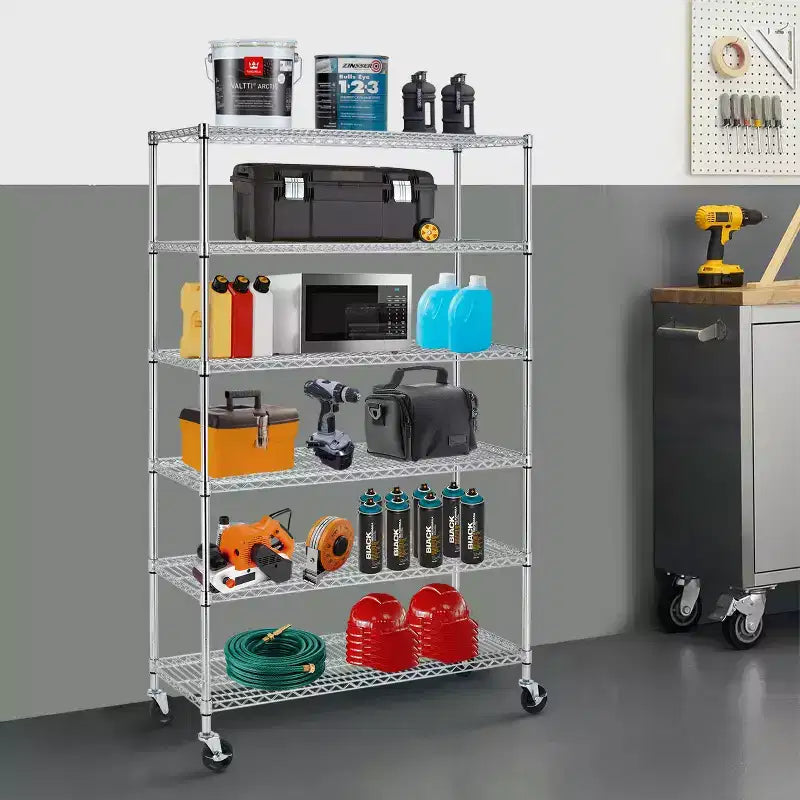 BestMassage Étagère métallique réglable à 6 niveaux, unité de rayonnage en fil métallique avec roues, solution de rangement peu encombrante pour garage et sous-sol