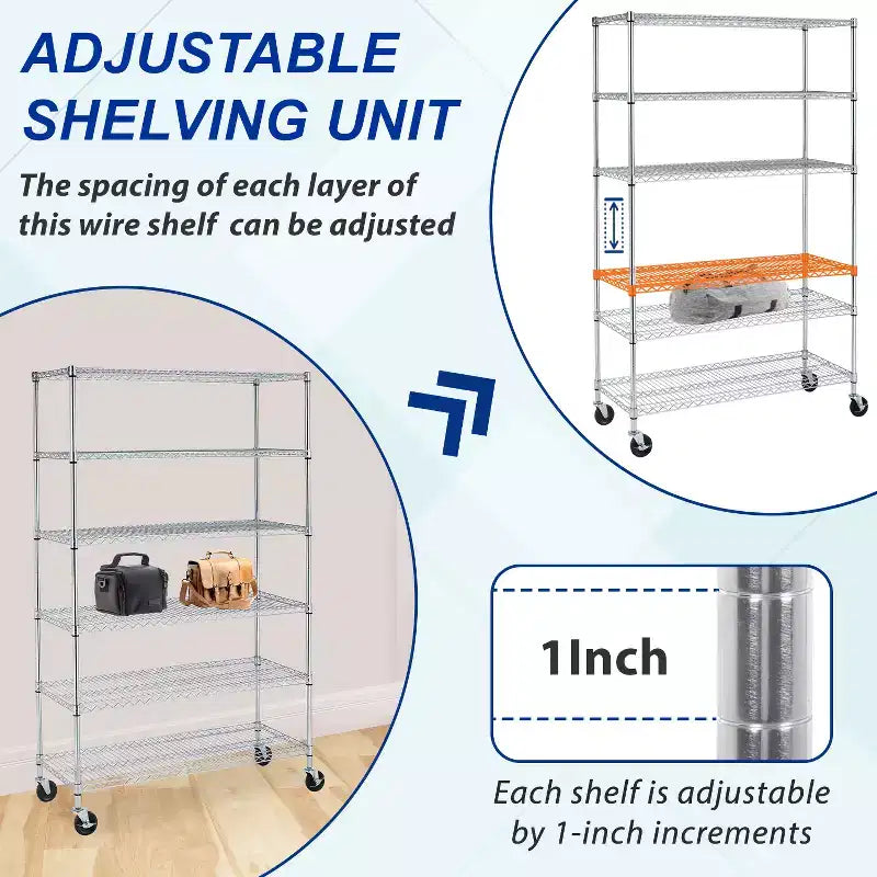 BestMassage Étagère métallique réglable à 6 niveaux, unité de rayonnage en fil métallique avec roues, solution de rangement peu encombrante pour garage et sous-sol