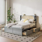 Queen Size Bed Frame with Trundle, Wood Platform Bed with Rattan Headboard & 2 Drawers, Wooden Slats Support, No Box Spring Required