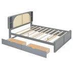 Cadre de lit queen avec lit gigogne, lit plateforme en bois avec tête de lit en rotin et 2 tiroirs, support à lattes en bois, pas besoin de sommier tapissier