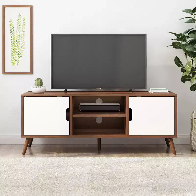 Meuble TV en bois GDFStudio Zapara 47,25 po avec 2 armoires, noyer et blanc