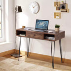 VECELO Bureau informatique 99,8 cm Table de travail pour bureau à domicile avec tiroirs Table d'étude Noir/Marron/Gris