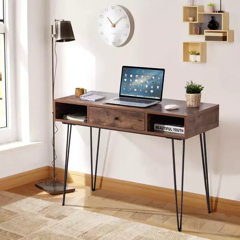 VECELO Bureau informatique 99,8 cm Table de travail pour bureau à domicile avec tiroirs Table d'étude Noir/Marron/Gris