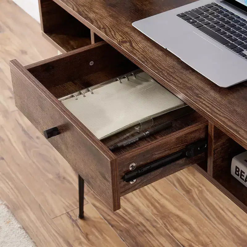 VECELO Bureau informatique 99,8 cm Table de travail pour bureau à domicile avec tiroirs Table d'étude Noir/Marron/Gris