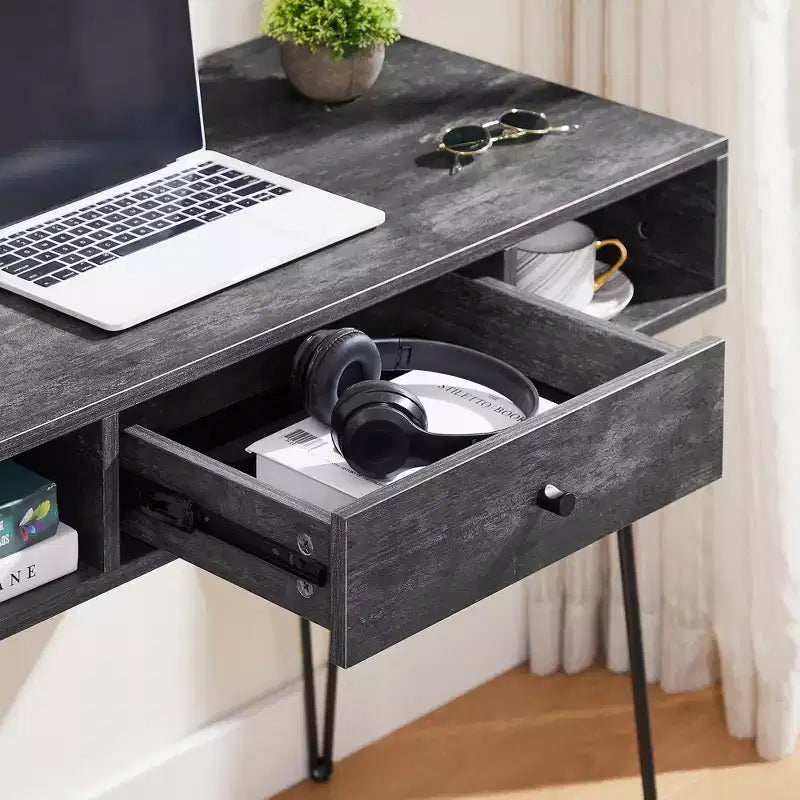 VECELO Bureau informatique 99,8 cm Table de travail pour bureau à domicile avec tiroirs Table d'étude Noir/Marron/Gris