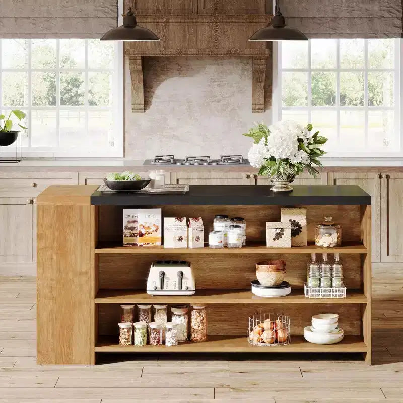 Îlot de cuisine Lantine 55 avec 5 étagères, table d'îlot fixe de ferme à 5 niveaux, meuble de rangement de table de bar en bois avec comptoir
