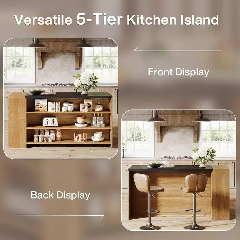 Îlot de cuisine Lantine 55 avec 5 étagères, table d'îlot fixe de ferme à 5 niveaux, meuble de rangement de table de bar en bois avec comptoir