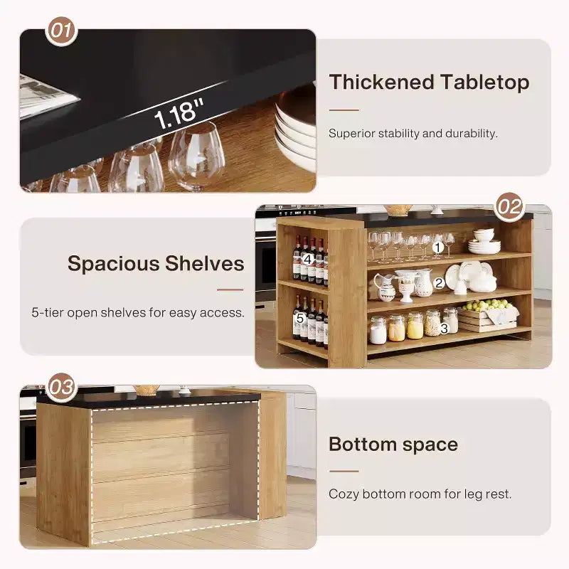 Îlot de cuisine Lantine 55 avec 5 étagères, table d'îlot fixe de ferme à 5 niveaux, meuble de rangement de table de bar en bois avec comptoir
