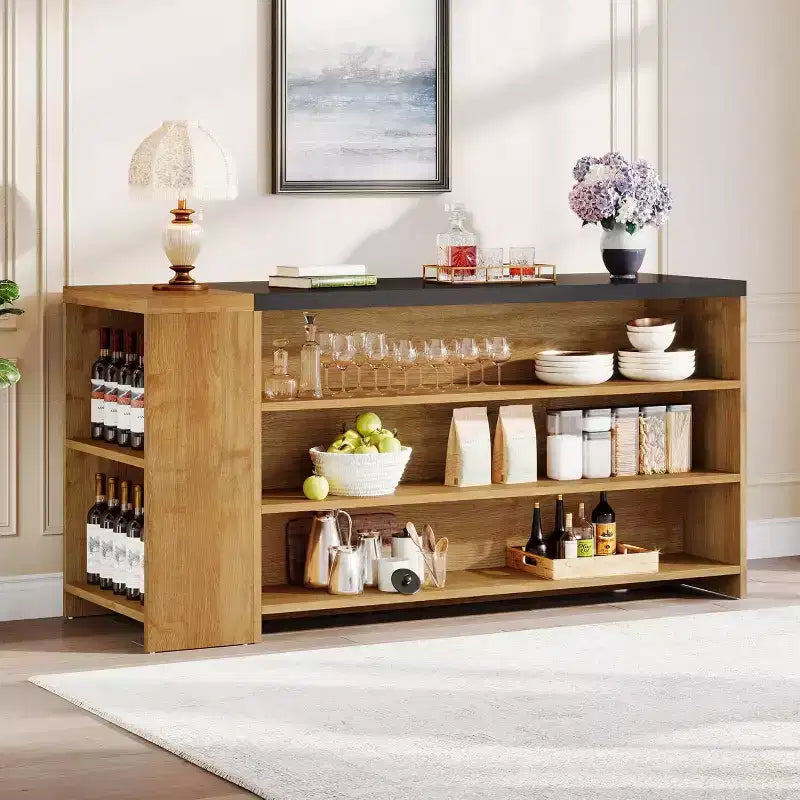 Îlot de cuisine Lantine 55 avec 5 étagères, table d'îlot fixe de ferme à 5 niveaux, meuble de rangement de table de bar en bois avec comptoir