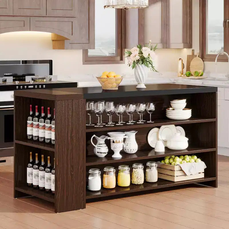 Îlot de cuisine Lantine 55 avec 5 étagères, table d'îlot fixe de ferme à 5 niveaux, meuble de rangement de table de bar en bois avec comptoir