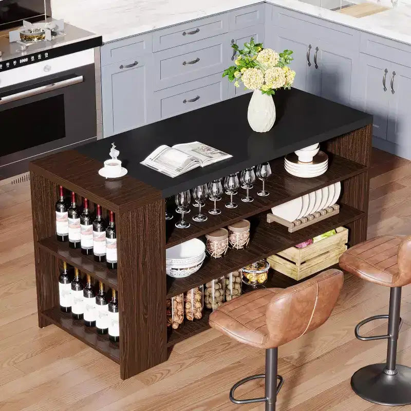 Îlot de cuisine Lantine 55 avec 5 étagères, table d'îlot fixe de ferme à 5 niveaux, meuble de rangement de table de bar en bois avec comptoir