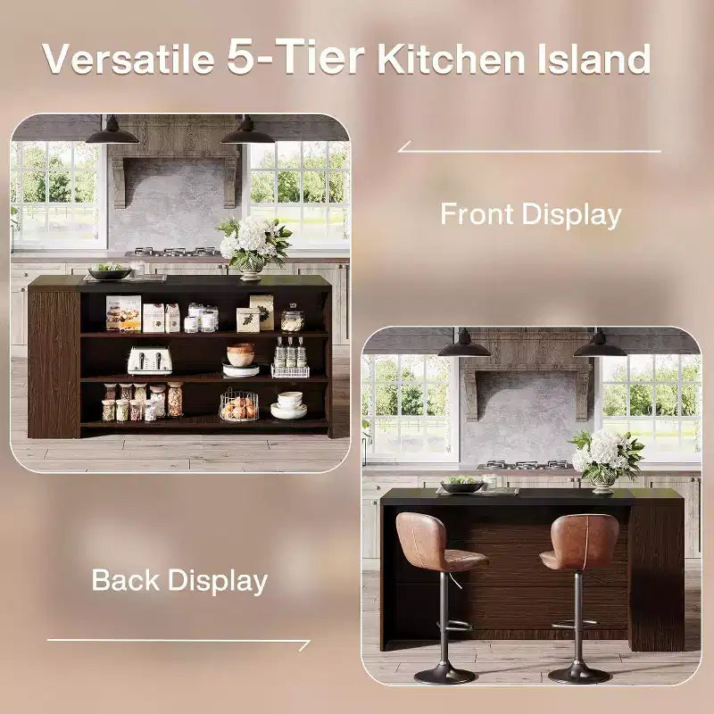 Îlot de cuisine Lantine 55 avec 5 étagères, table d'îlot fixe de ferme à 5 niveaux, meuble de rangement de table de bar en bois avec comptoir