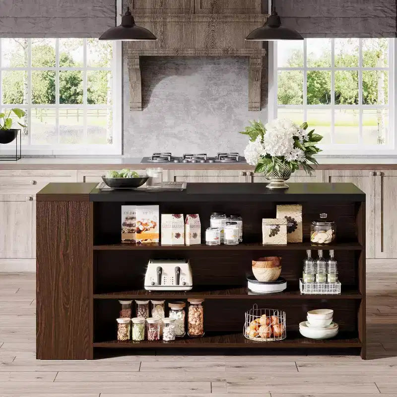 Îlot de cuisine Lantine 55 avec 5 étagères, table d'îlot fixe de ferme à 5 niveaux, meuble de rangement de table de bar en bois avec comptoir