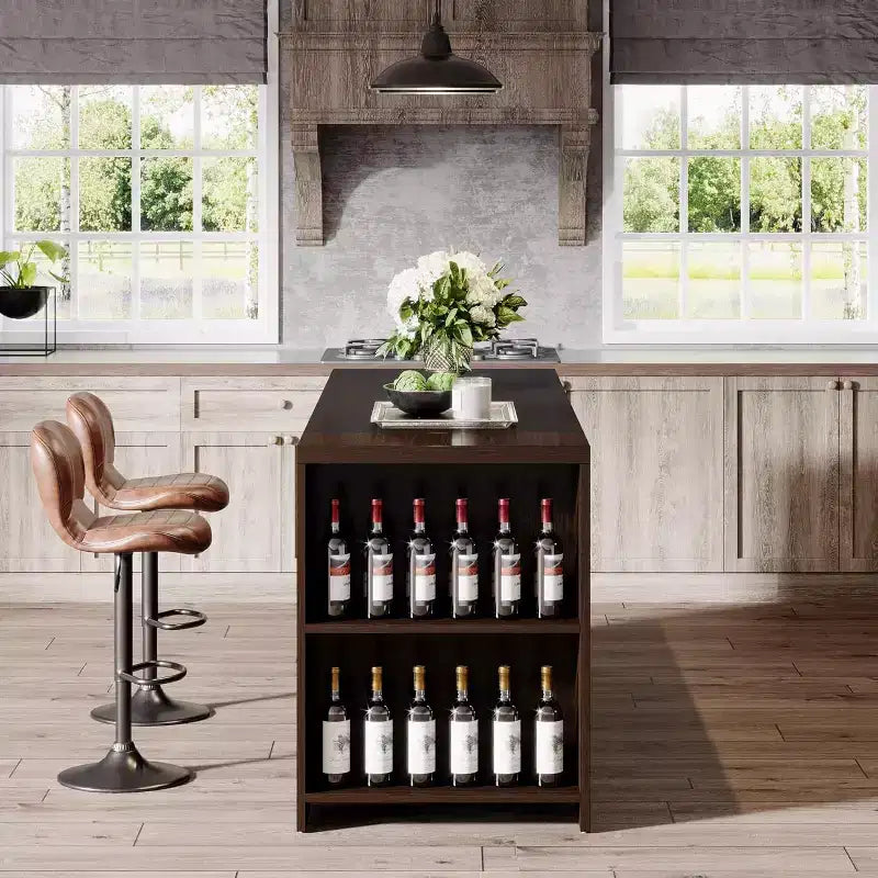 Îlot de cuisine Lantine 55 avec 5 étagères, table d'îlot fixe de ferme à 5 niveaux, meuble de rangement de table de bar en bois avec comptoir