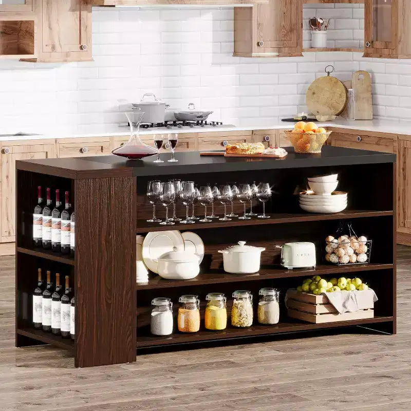 Îlot de cuisine Lantine 55 avec 5 étagères, table d'îlot fixe de ferme à 5 niveaux, meuble de rangement de table de bar en bois avec comptoir