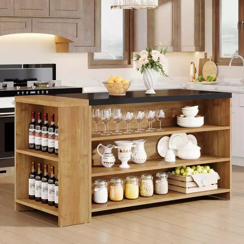 Îlot de cuisine Lantine 55 avec 5 étagères, table d'îlot fixe de ferme à 5 niveaux, meuble de rangement de table de bar en bois avec comptoir