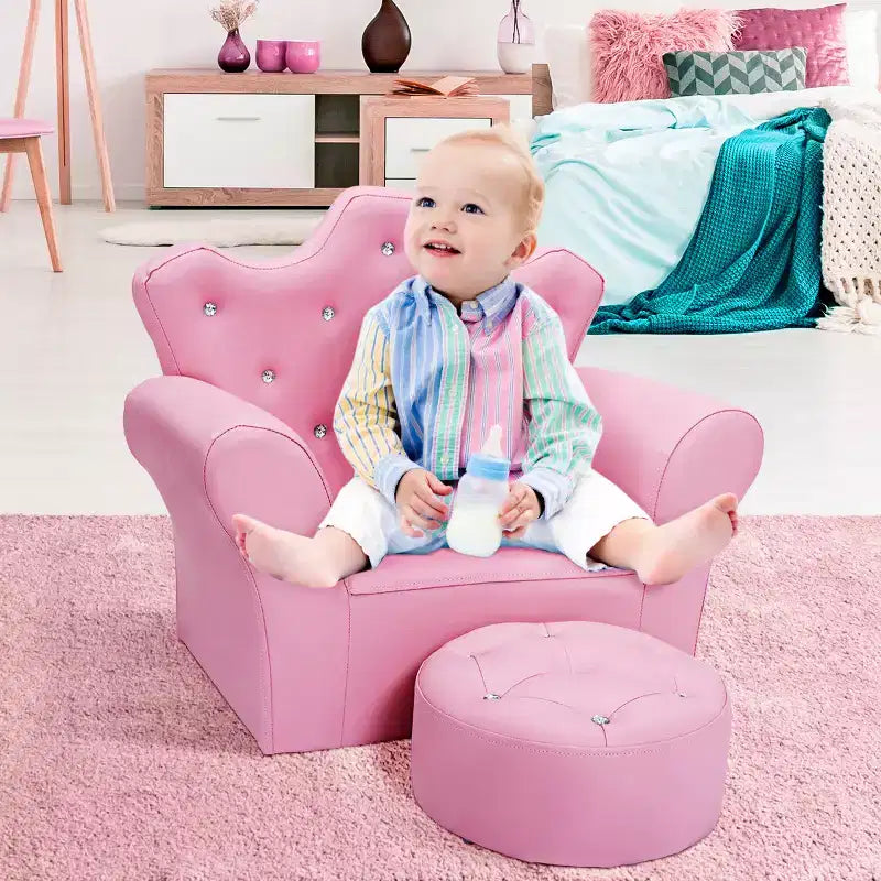 Canapé pour enfants Costway, canapé-lit pour tout-petits, fauteuil de princesse pour enfants avec pouf, blanc/rose