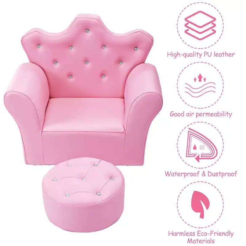 Canapé pour enfants Costway, canapé-lit pour tout-petits, fauteuil de princesse pour enfants avec pouf, blanc/rose
