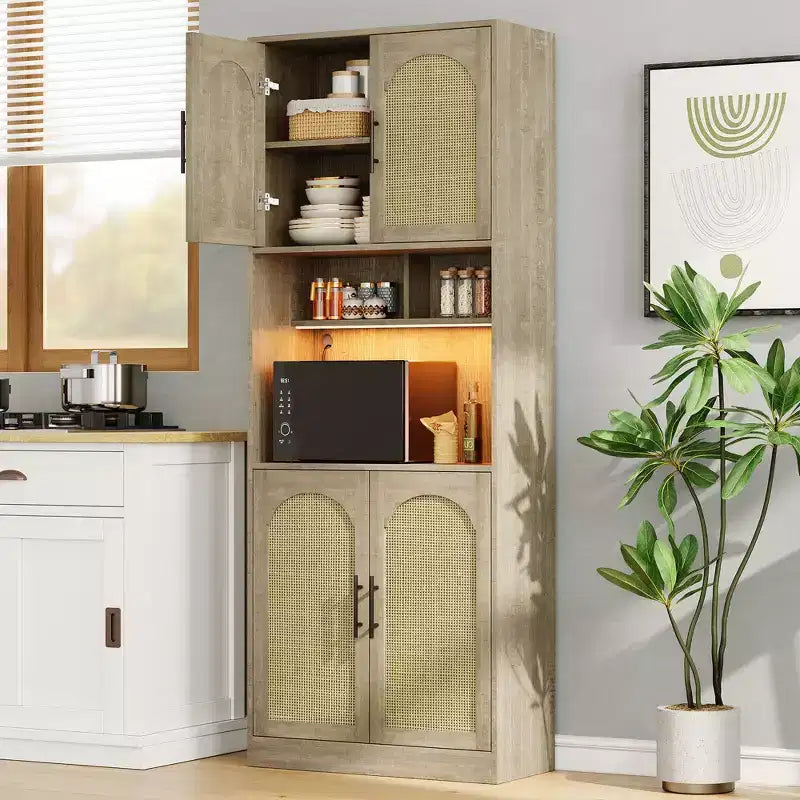 Meuble de cuisine Garvee avec lumière RVB, buffet de cuisine haut avec support micro-ondes, meuble de rangement en bois, placard pour salle à manger, chêne