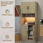 Meuble de cuisine Garvee avec lumière RVB, buffet de cuisine haut avec support micro-ondes, meuble de rangement en bois, placard pour salle à manger, chêne