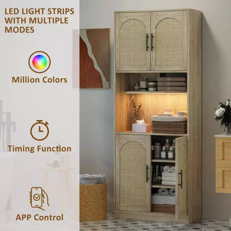 Meuble de cuisine Garvee avec lumière RVB, buffet de cuisine haut avec support micro-ondes, meuble de rangement en bois, placard pour salle à manger, chêne