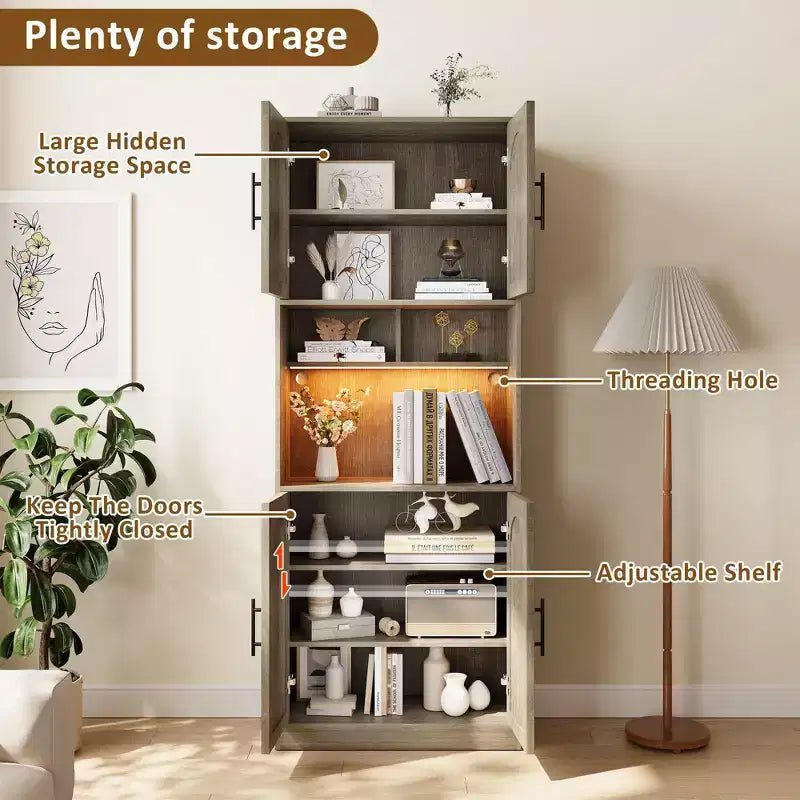 Meuble de cuisine Garvee avec lumière RVB, buffet de cuisine haut avec support micro-ondes, meuble de rangement en bois, placard pour salle à manger, chêne