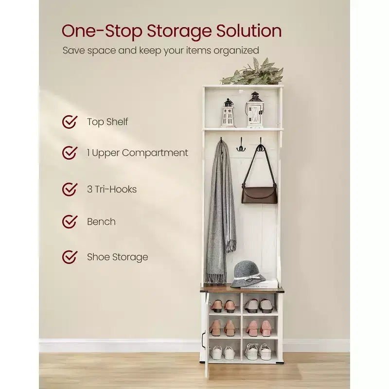VASAGLE Meuble d'entrée avec banc et rangement à chaussures, porte-manteaux avec banc à chaussures, meuble d'entrée, 3 patères, porte avec poignée, blanc rustique