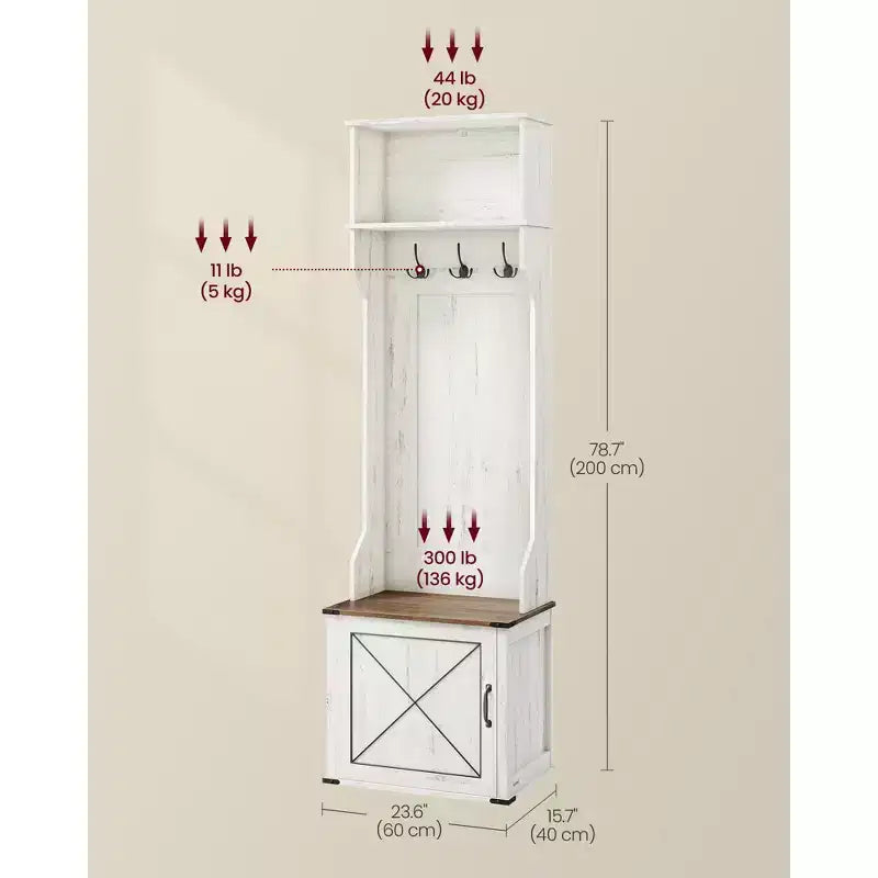 VASAGLE Meuble d'entrée avec banc et rangement à chaussures, porte-manteaux avec banc à chaussures, meuble d'entrée, 3 patères, porte avec poignée, blanc rustique