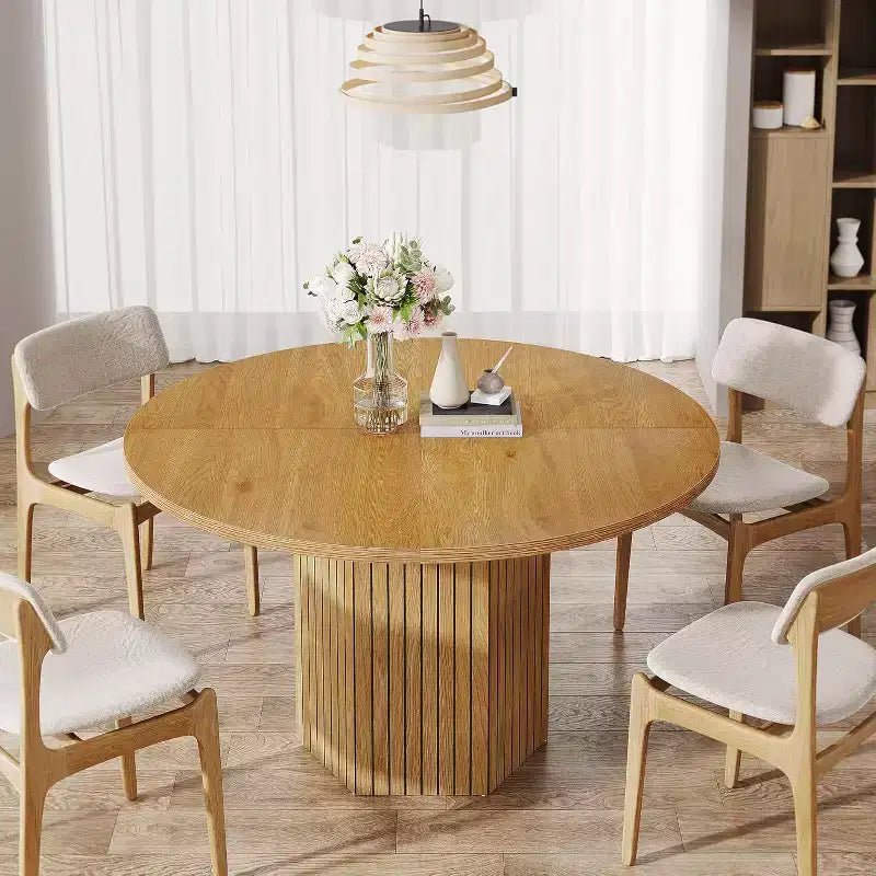 Table à manger en bois Lantine pour salle à manger, table ronde de 119 cm pour 4 personnes avec pied piédestal et plateau en chêne circulaire