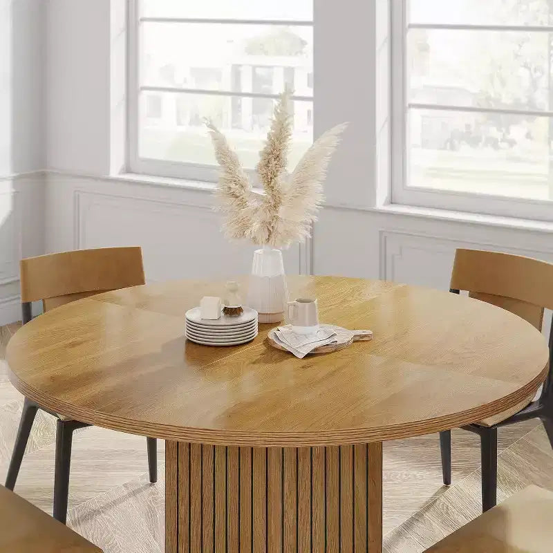 Table à manger en bois Lantine pour salle à manger, table ronde de 119 cm pour 4 personnes avec pied piédestal et plateau en chêne circulaire