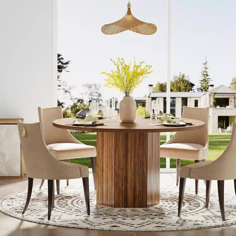 Table à manger en bois Lantine pour salle à manger, table ronde de 119 cm pour 4 personnes avec pied piédestal et plateau en chêne circulaire