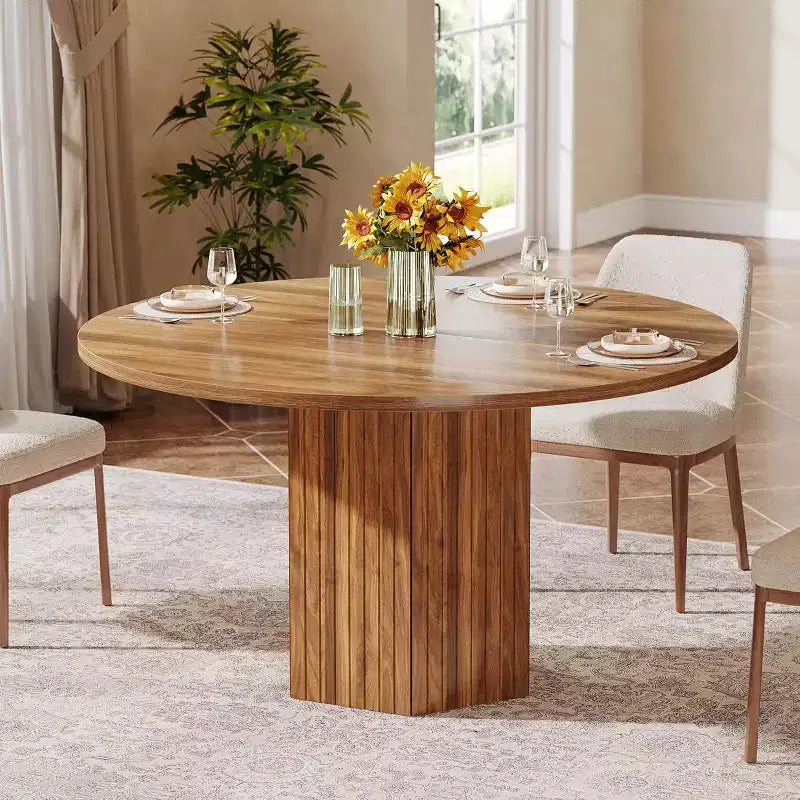 Table à manger en bois Lantine pour salle à manger, table ronde de 119 cm pour 4 personnes avec pied piédestal et plateau en chêne circulaire