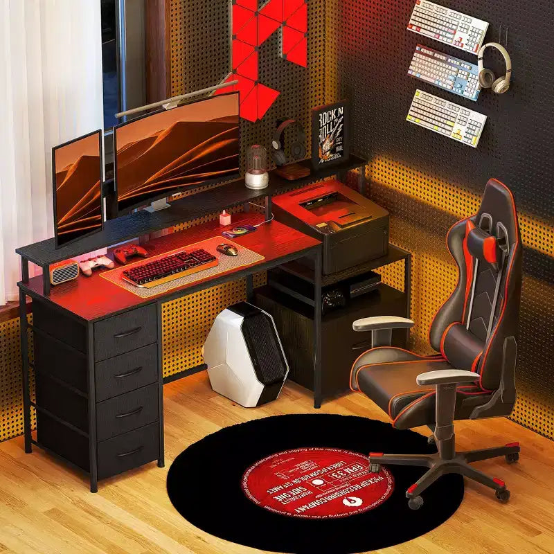 HOMCOM Bureau informatique 170 cm avec classeur, bureau de télétravail avec prises de courant et lumières LED, support d'écran et étagère pour imprimante