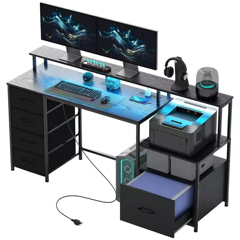 HOMCOM Bureau informatique 170 cm avec classeur, bureau de télétravail avec prises de courant et lumières LED, support d'écran et étagère pour imprimante