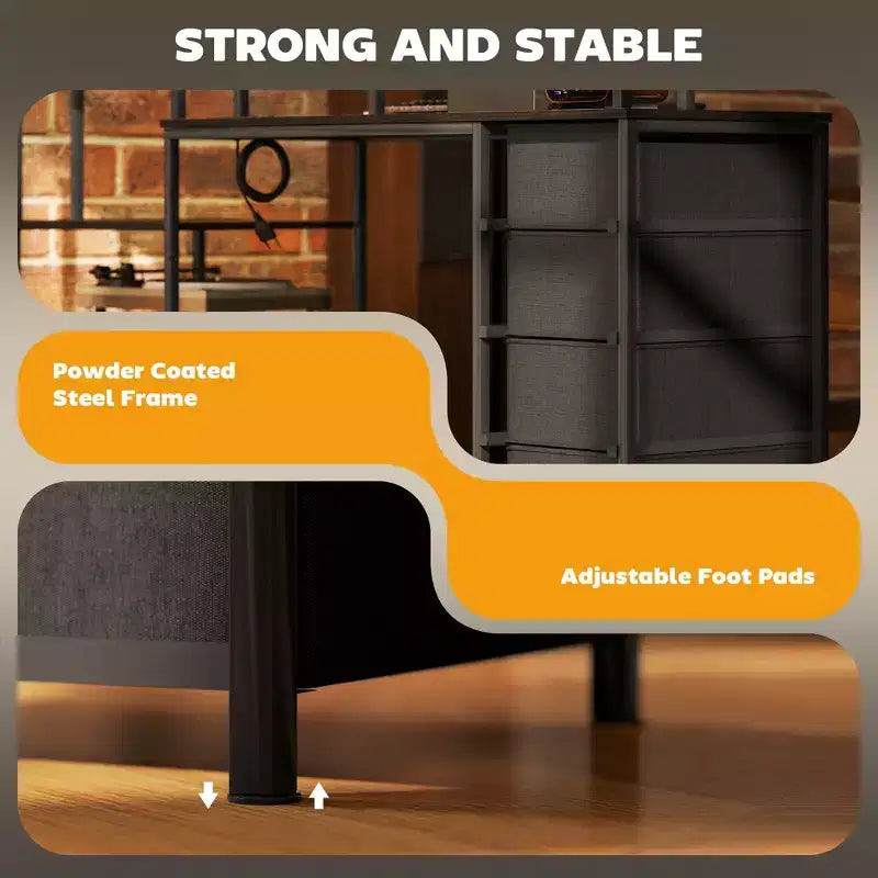 HOMCOM Bureau informatique 170 cm avec classeur, bureau de télétravail avec prises de courant et lumières LED, support d'écran et étagère pour imprimante