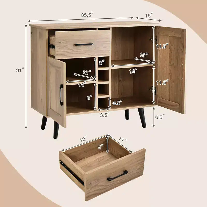Meuble de bar à vin 2 portes Costway, buffet de cuisine avec tiroir et étagères réglables Noir/Naturel