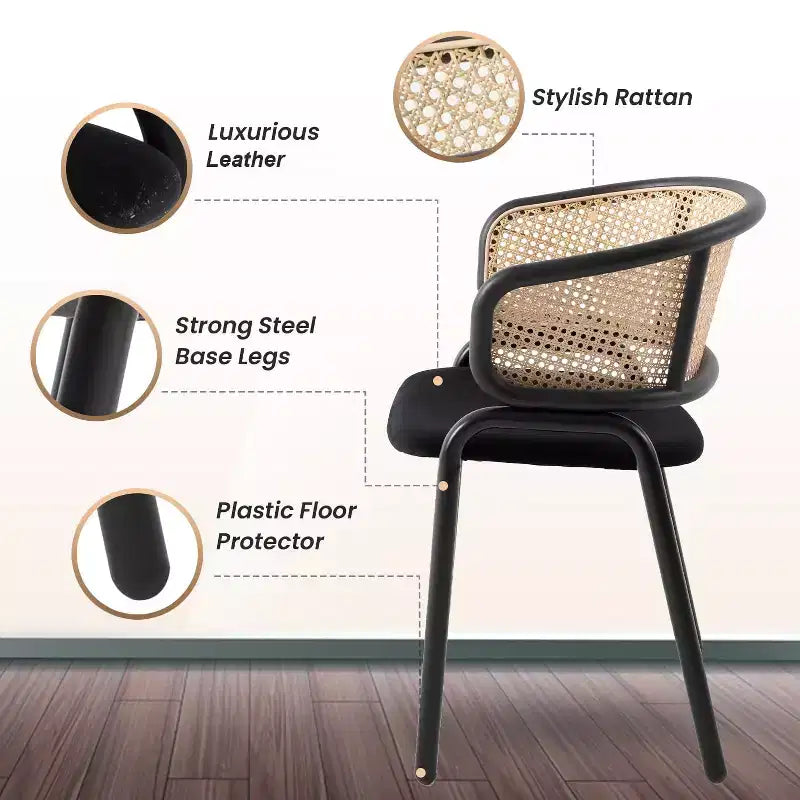 Chaise de salle à manger LeisureMod Ervilla en osier avec assise en cuir et cadre en acier noir, assise confortable pour salles à manger et cuisines