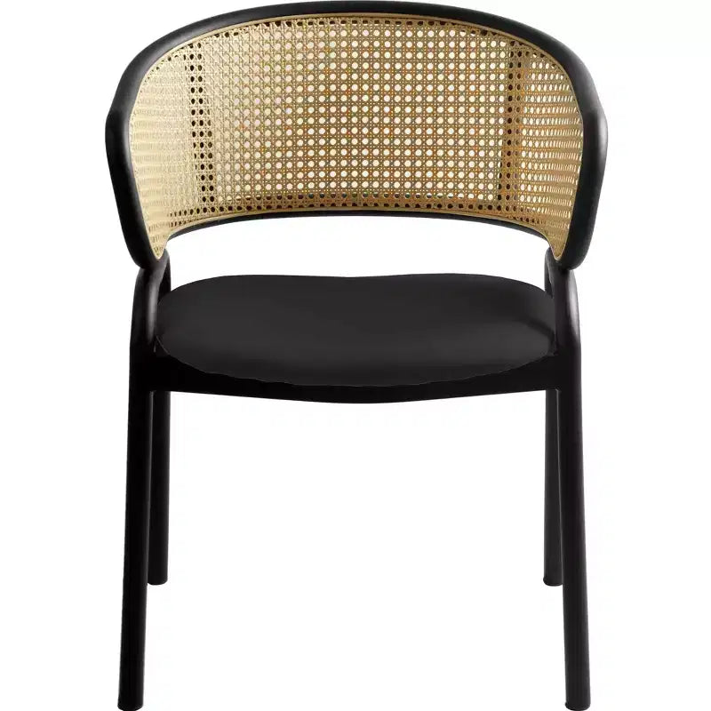 Chaise de salle à manger LeisureMod Ervilla en osier avec assise en cuir et cadre en acier noir, assise confortable pour salles à manger et cuisines