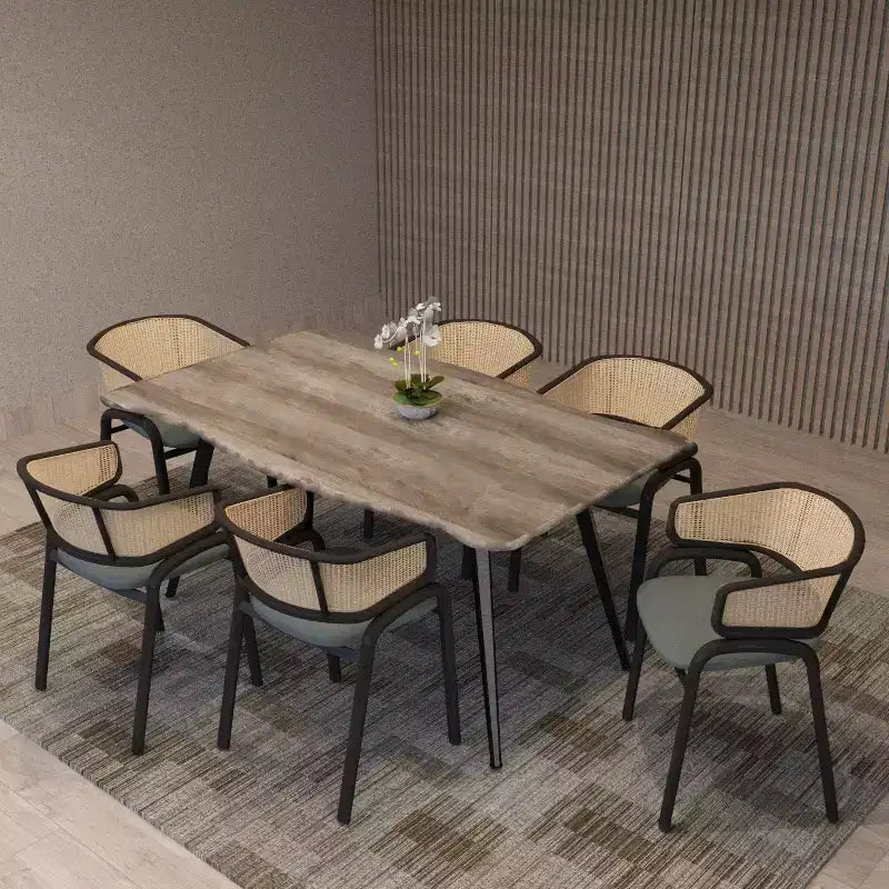 Chaise de salle à manger LeisureMod Ervilla en osier avec assise en cuir et cadre en acier noir, assise confortable pour salles à manger et cuisines