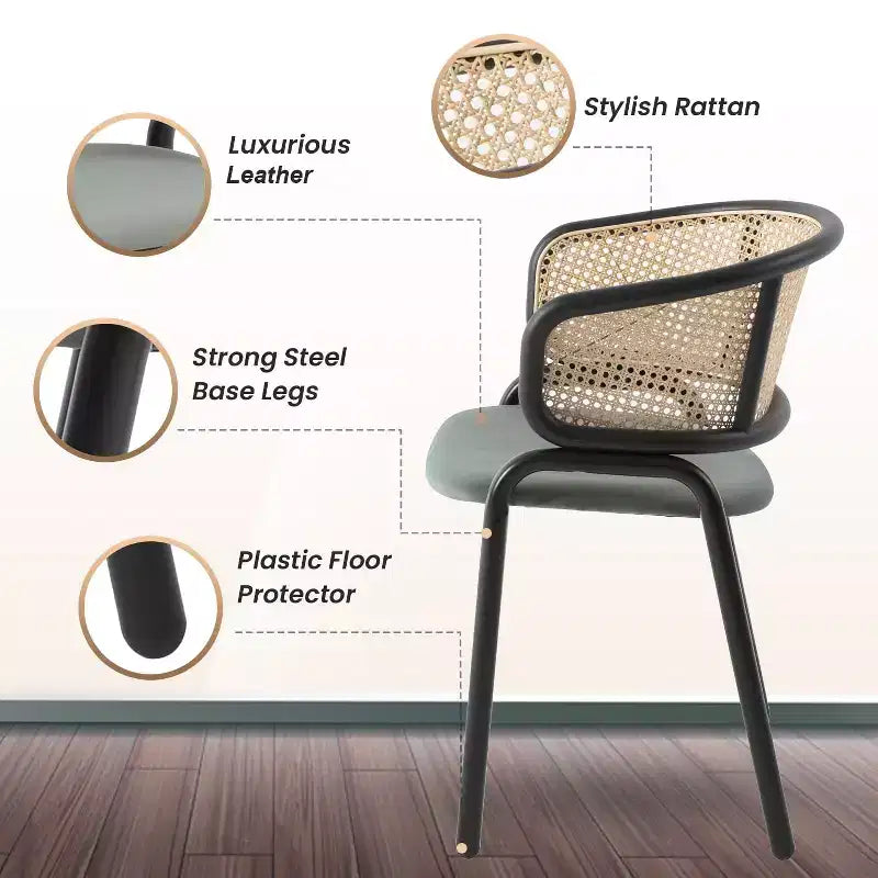 Chaise de salle à manger LeisureMod Ervilla en osier avec assise en cuir et cadre en acier noir, assise confortable pour salles à manger et cuisines