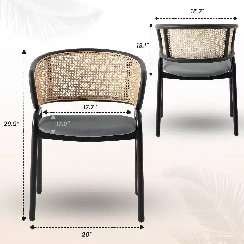 Chaise de salle à manger LeisureMod Ervilla en osier avec assise en cuir et cadre en acier noir, assise confortable pour salles à manger et cuisines