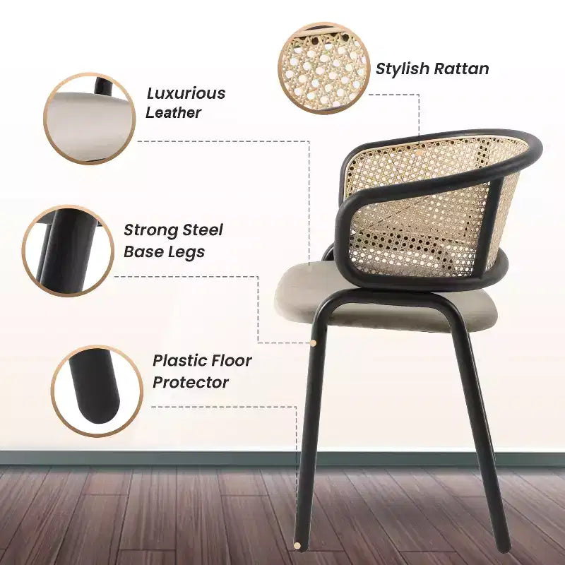 Chaise de salle à manger LeisureMod Ervilla en osier avec assise en cuir et cadre en acier noir, assise confortable pour salles à manger et cuisines