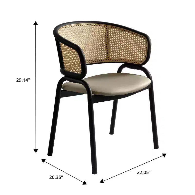 Chaise de salle à manger LeisureMod Ervilla en osier avec assise en cuir et cadre en acier noir, assise confortable pour salles à manger et cuisines