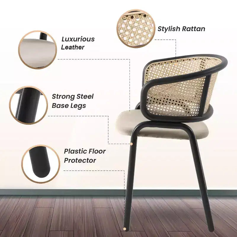 Chaise de salle à manger LeisureMod Ervilla en osier avec assise en cuir et cadre en acier noir, assise confortable pour salles à manger et cuisines