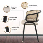 Chaise de salle à manger LeisureMod Ervilla en osier avec assise en cuir et cadre en acier noir, assise confortable pour salles à manger et cuisines