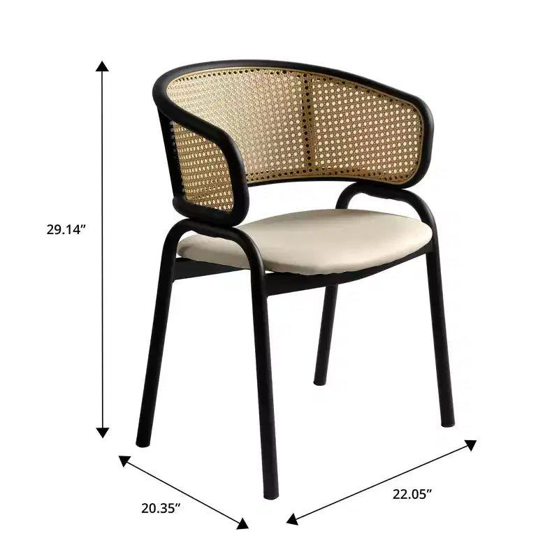 Chaise de salle à manger LeisureMod Ervilla en osier avec assise en cuir et cadre en acier noir, assise confortable pour salles à manger et cuisines