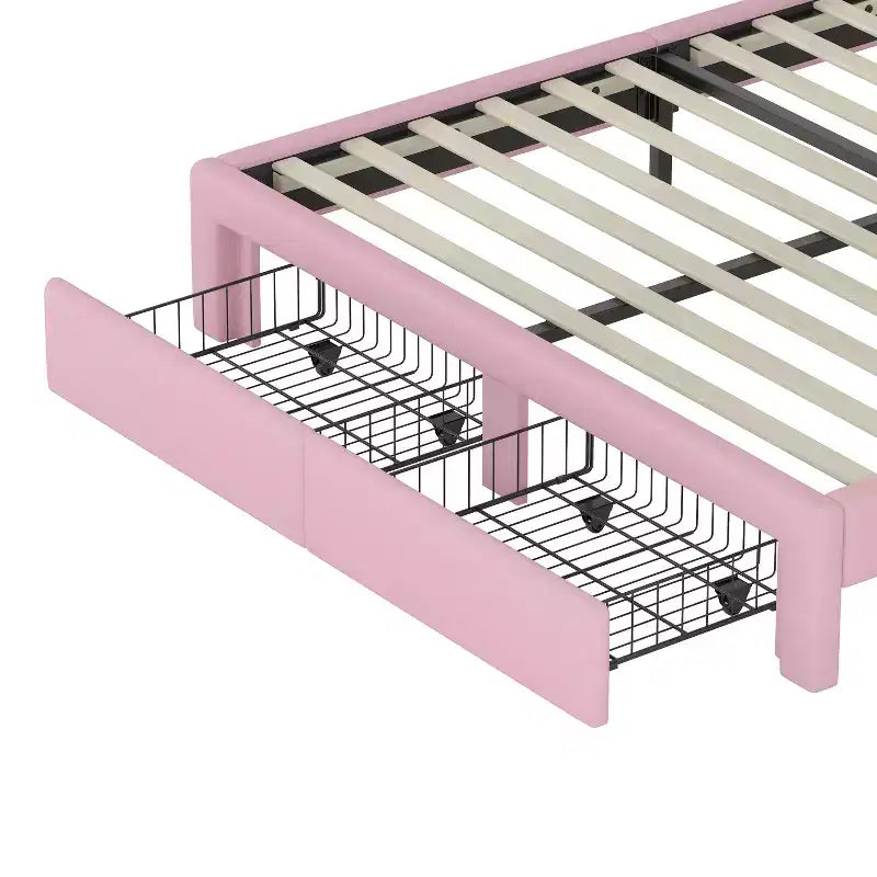 Lit plateforme ModernLuxe en velours capitonné, design arc-en-ciel, taille double/pleine, avec tiroir de rangement, rose