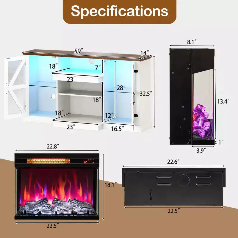 Meuble TV Costway 58" avec cheminée électrique à 3 côtés en verre de 23" et lumières LED 20 couleurs